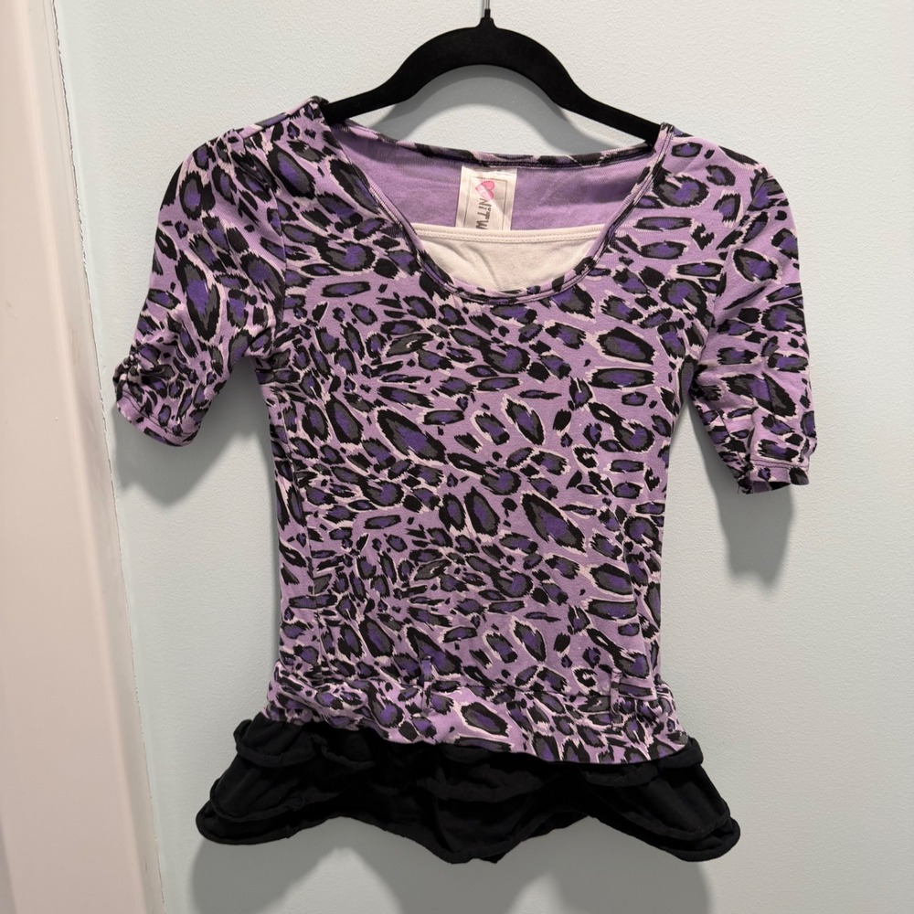 Nitworks Leopard Print Top Purple Kids Size M Ruffle Hem Y2K Casual School